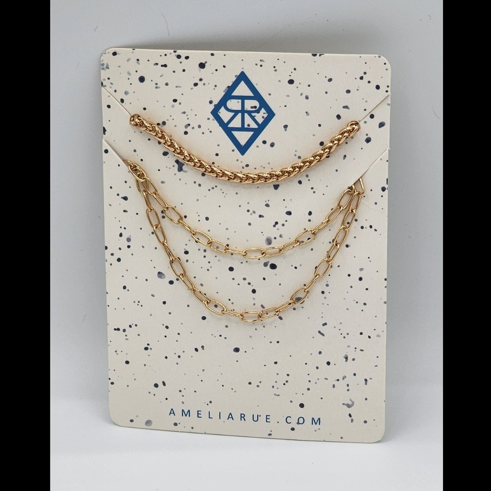 Amelia Rue Gold Tone Layered Necklace Set Wheat and Paperclip Chain Multi Strand